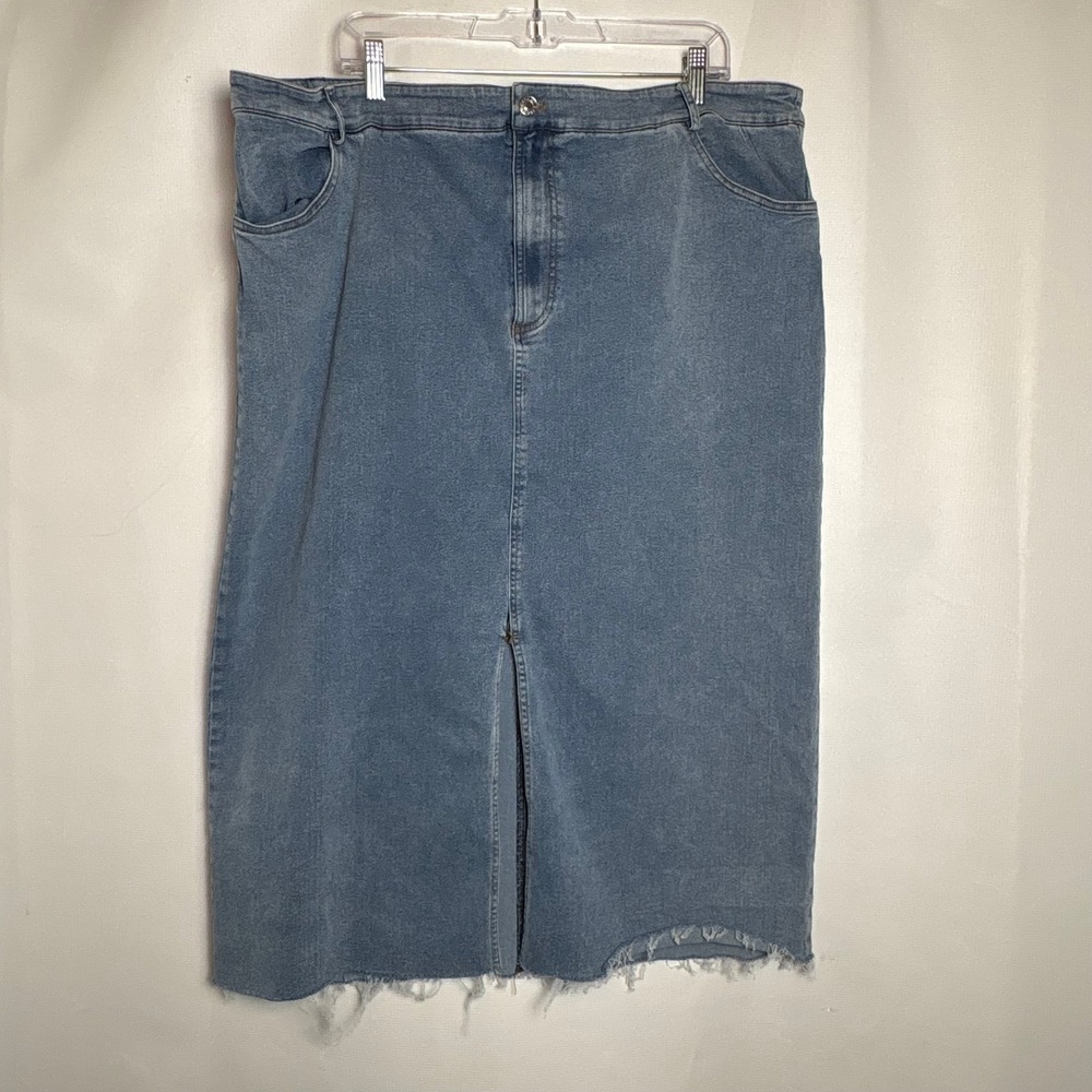 Arula Blue Denim Midi Skirt Plus Size C Raw Hem Front Slit Western Medium Wash